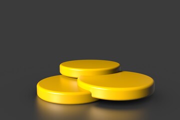Yellow product showcase pedestal stands on gray background. Abstract minimal concept. Studio podium platform theme. Exhibition and business marketing presentation stage. 3D illustration rendering