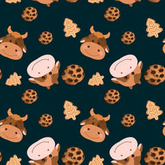 Obraz premium Very cute pattern with cows and sweets. Cute pattern with bull and cookies