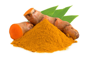 Turmeric (curcumin) powder,root and leaves isolated on a white background,For spices. - obrazy, fototapety, plakaty