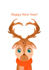 Very nice deer with horns. Deer in a New Year's hat and scarf. Christmas card
