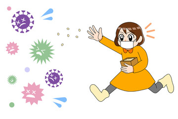 豆まき　マスク女の子　ウイルス撃退　イラスト