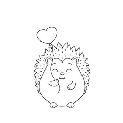 Very cute hedgehog with a balloon in the form of a heart. The contour of the hedgehog. Valentine's day. Line art