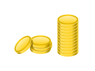 Golden coins stack. Two piles of realistic metal currency. Banking, economy, wealth concept. Investment. Gold reserves. Gold price. Isolated on white background. Vector illustration, flat, clip art. 
