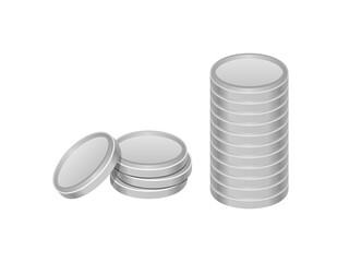 Silver coins stack. Two piles of realistic metal currency. Banking, economy, wealth concept. Investment. Silver reserves. Silver price. Isolated on white background. Vector illustration, flat, clip ar