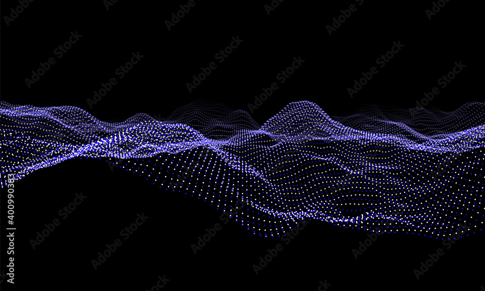 Wall mural blue particles wave background. abstract dynamic mesh. big data technology. vector grid illustration