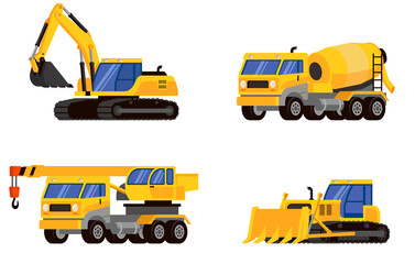 Set of heavy machinery three quarter view. Vehicles for executing construction tasks.