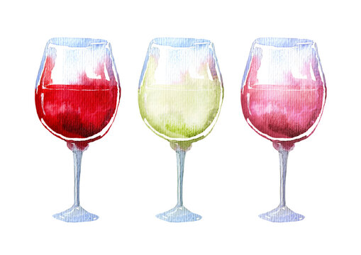 Glass of a red,rose and white wine.Picture of a alcoholic drink.Watercolor hand drawn illustration.	
