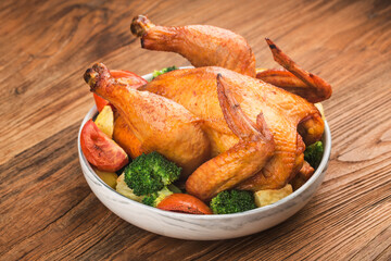 roasted chicken and vegetables on wooden table