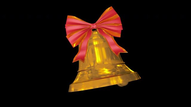 A gold Christmas bell with a red ribbon rings on an alpha channel background in a seamless loop.