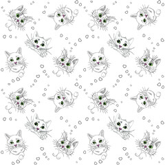 seamless pattern of funny cats with hearts and green eyes, for Valentine's Day February 14, background for postcards and packaging