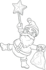 Cartoon Santa Claus character with presents sack and star sketch template. Graphic vector illustration in black and white for games, background, pattern, decor. Coloring paper, page, children's story 