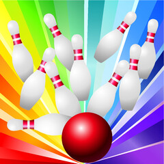 Skittles and a red bowling ball on a background with colored rays. 