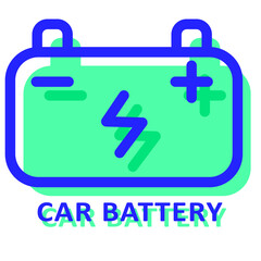 Battery for the car. Cool power source icon in blue color with green filling.