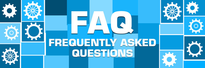 FAQ - Frequently Asked Questions Blue Grid Horizontal Gears Both Sides Text 