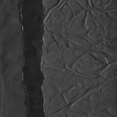 Black torn paper collage close-up. Texture made from various paper and cardboard parts. Damaged old paper background. Vintage blank wallpaper. Material design backdrop.