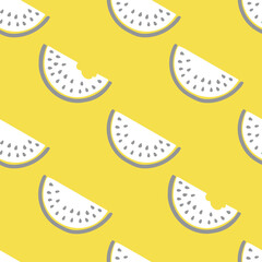 Seamless vector pattern with watermelon slices in trendy 2021 colors - utterly gray and glowing. White slices of watermelon on a yellow background. Cute illustrations for children's prints.