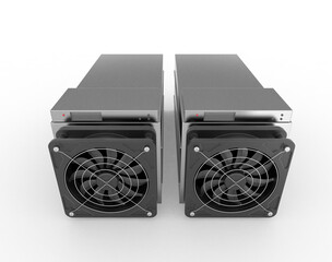 Cryptocurrency mining farm. Bitcoin and altcoins mining. Asic miner. 3D rendering
