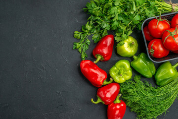 top view fresh red tomatoes with greens and bell-peppers on dark background color photo ripe meal salad