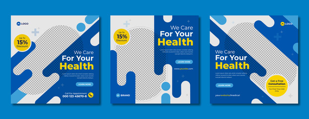 Set of social media post template for medical healthcare service. Digital marketing banner & flyer design with logo for hospital, clinic, dentist & doctor. Health promotion template for web & website.