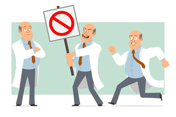 Cartoon flat funny fat bald doctor man character in white uniform with tie. Boy running and holding no entry stop sign. Ready for animation. Isolated on green background. Vector set.