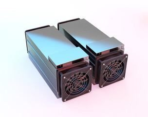 Cryptocurrency mining farm. Bitcoin and altcoins mining. Asic miner. 3D rendering
