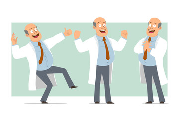 Cartoon flat funny fat bald doctor man character in white uniform with tie. Boy showing muscles and thumbs up gesture. Ready for animation. Isolated on green background. Vector set.