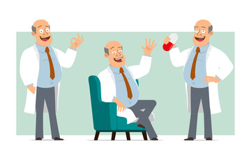 Cartoon flat funny fat bald doctor man character in white uniform with tie. Boy holding big pill and resting on sofa. Ready for animation. Isolated on green background. Vector set.