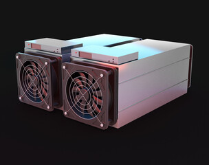 Cryptocurrency mining farm. Bitcoin and altcoins mining. Asic miner. 3D rendering
