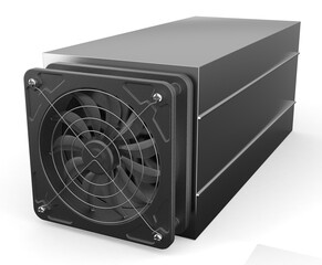 Cryptocurrency mining farm. Bitcoin and altcoins mining. Asic miner. 3D rendering

