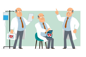 Cartoon flat funny fat bald doctor man character in white uniform with tie. Boy reading note, holding, medical jar and first aid kit. Ready for animation. Isolated on green background. Vector set.