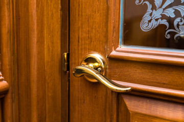 Golden classic vintage brass door handle knob, Antique teak wooden door