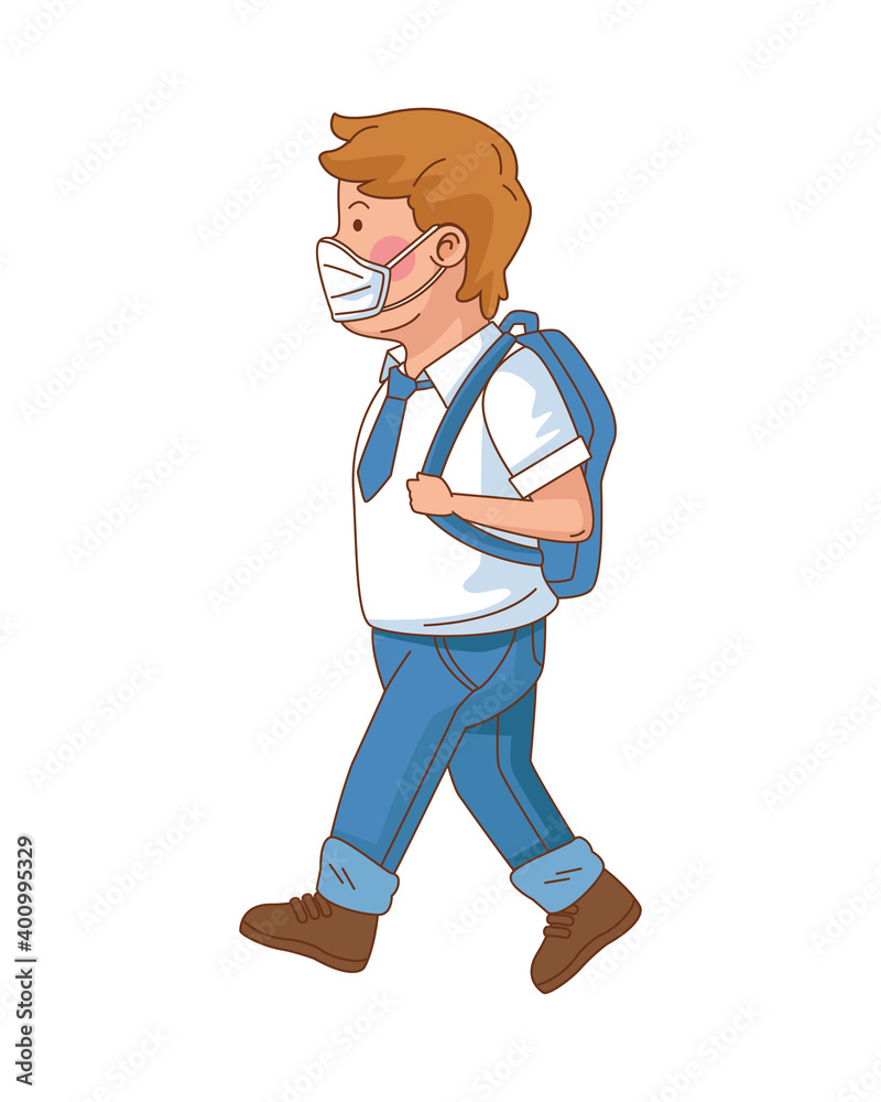 Poster little student boy wearing medical mask walking