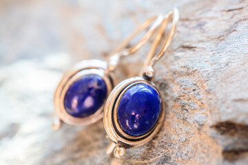 pair of sterling silver lapis lazuli mineral earrings on natural background - 400995778