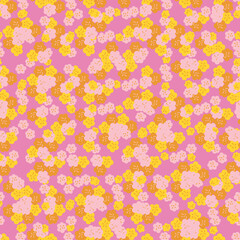 Pink and yellow springtime flowers seamless vector pattern. Girly surface print design for fabrics, stationery, scrapbook paper, gift wrap, backgrounds, textiles, and packaging.