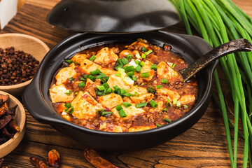 Chinese cuisine: tofu and mince with hot spicy sauce