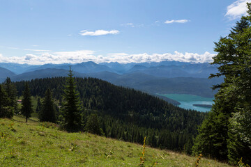 Panorama mountain view from Jochberg to lake Walchensee
