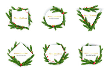 Set of Christmas frames of different shapes on a white background Christmas tree and geometric pattern. Christmas design. Vector illustration