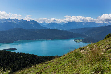 Fototapeta na wymiar Panorama mountain view from Jochberg to lake Walchensee