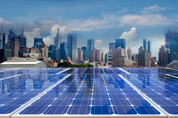 Solar panel over cityscapes, solar power green energy for life concept,New York City USA,