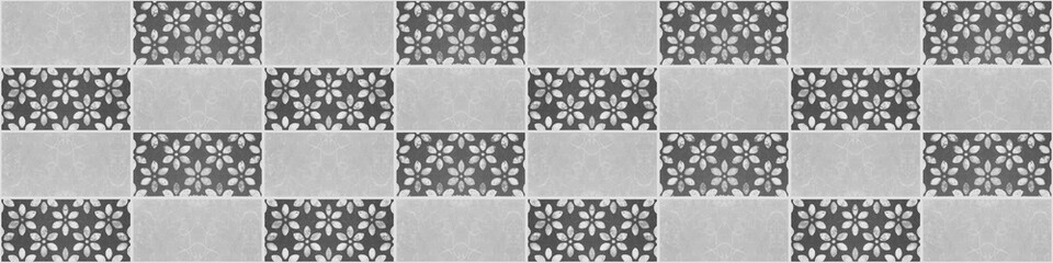 Grunge seamless gray grey white  anthracite vintage worn retro geometric rectangle mosaic flowers motif cement tiles texture background banner panorama