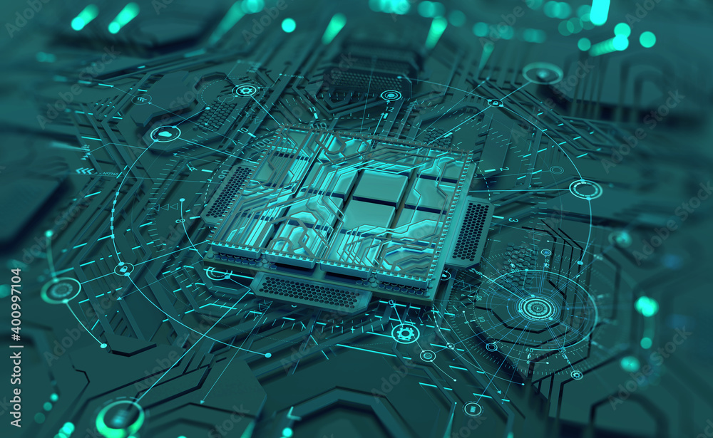 Poster Artificial Intelligence. Quantum processor, CPU, futuristic computer circuit. High technology cyberspace. Realistic 3D illustration