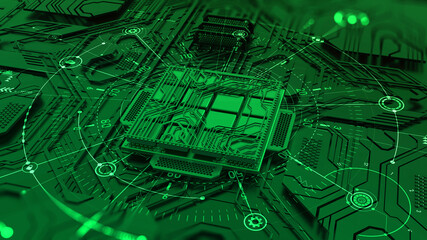 Artificial Intelligence. Quantum processor, CPU, futuristic computer circuit. High technology cyberspace. Realistic 3D illustration