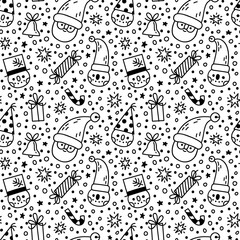 Vector Christmas pattern in doodle style. Seamless background with Santa Claus, snowmen, gift box, candy, bell, stars, snow. Can be used for wrapping paper, wrapper, fabric, web pages background etc.