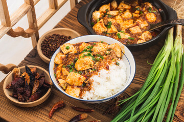 Chinese cuisine: tofu and spicy minced rice