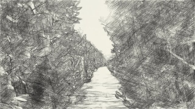 art drawing black and white of way in forest