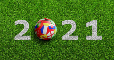 Soccer ball with flags texture on green soccer field and 2021 numbers  © peterschreiber.media