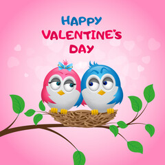Birds in love sit in a nest on a tree branch. Pink background with hearts. Happy valentine day banner concept. Vector, illustration