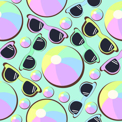 Bright doodle pattern ball and glasses on a blue background