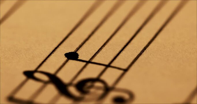 writing musical notes with quill pen and ink. closeup