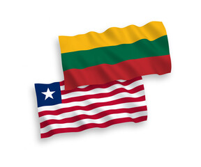 National vector fabric wave flags of Lithuania and Liberia isolated on white background. 1 to 2 proportion.